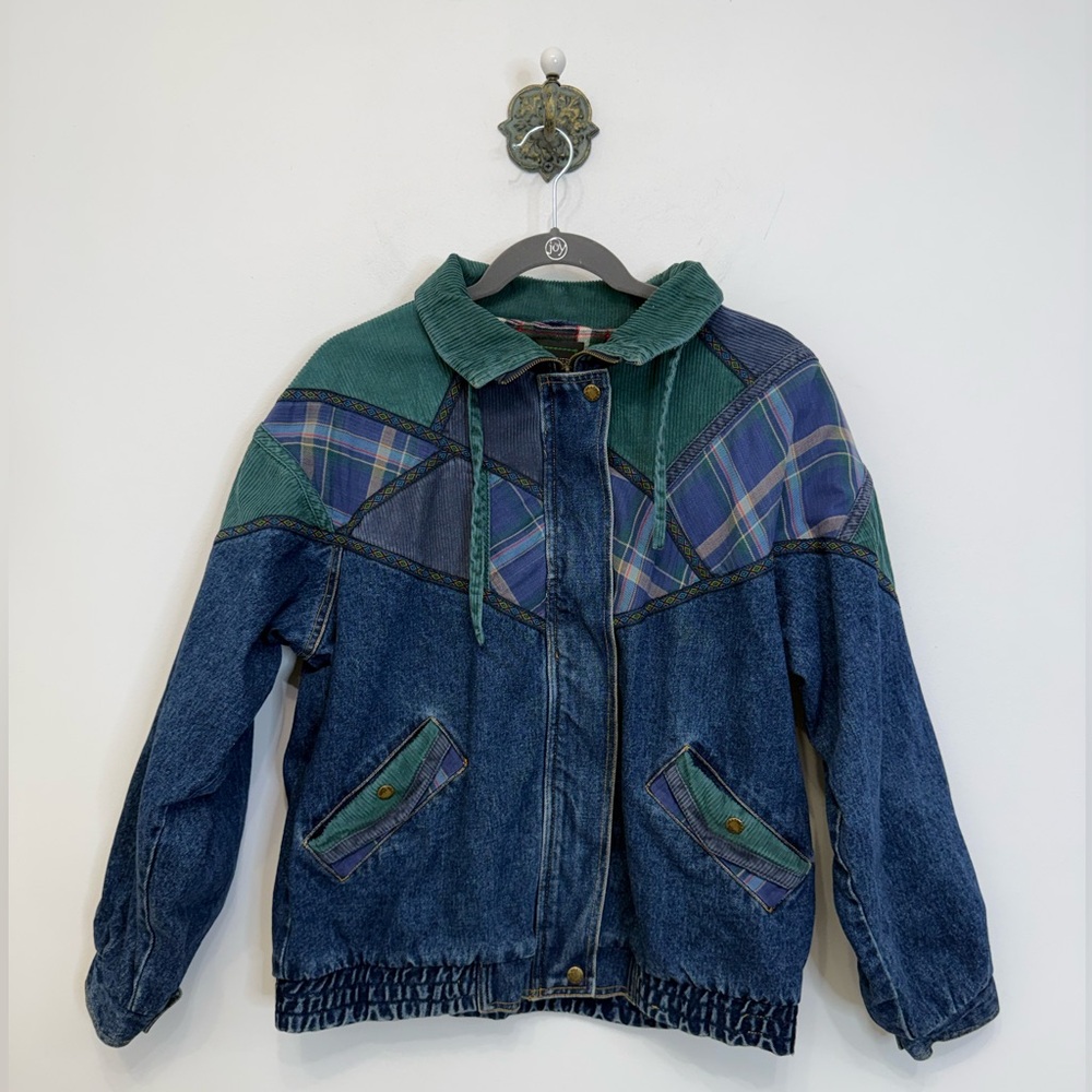 Weathered Blues Vintage Denim Bomber Jacket Mixed Media Flannel Lined Women’s S